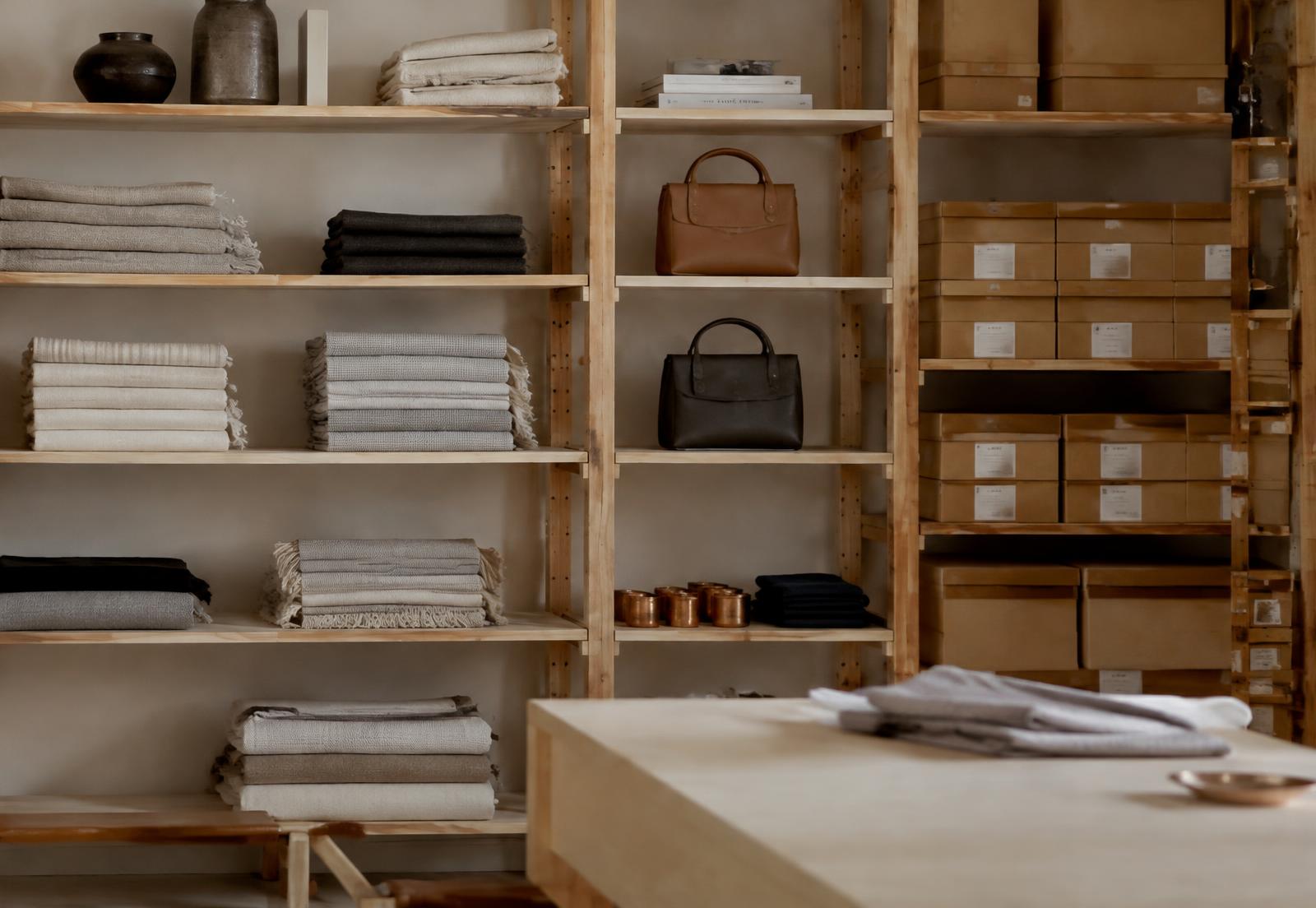 Folded garments and leather handbags on oak warehouse shelves
