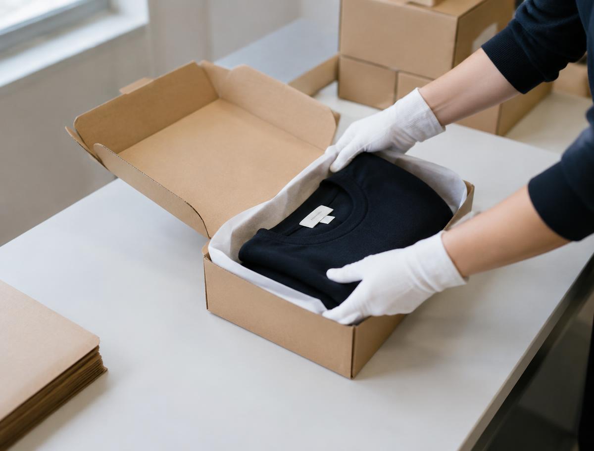 Gloved hands packing a garment into a kraft box