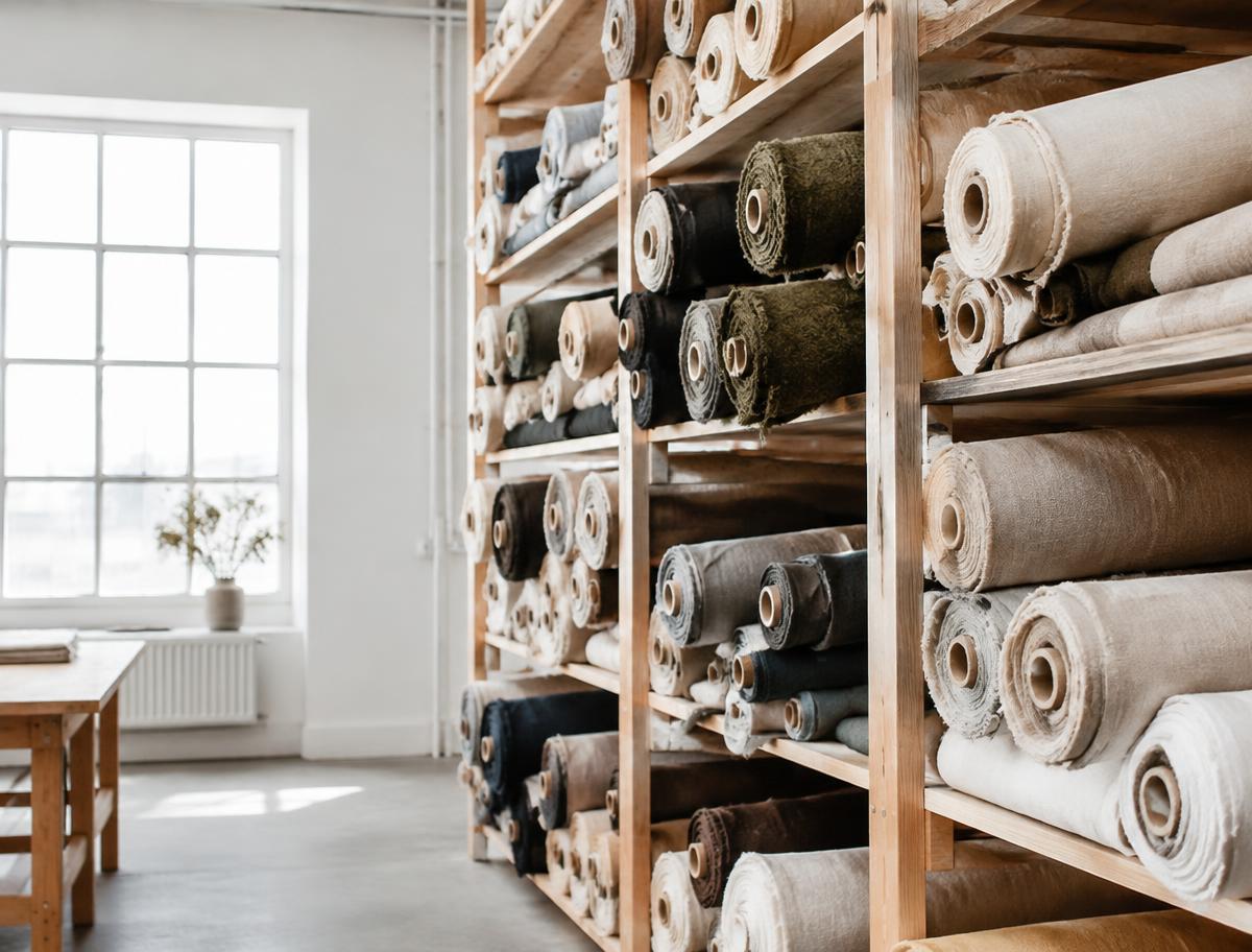 Rolls of linen, wool and cotton in a Danish warehouse